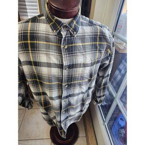 Bass Pro Shops Gray Yellow Plaid Flannel Men's Size Large Long Sleeve